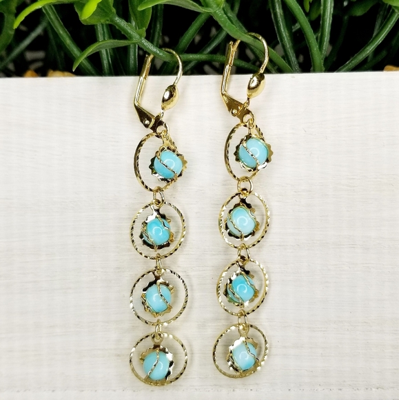 Jewelry - Blue and Gold Dangling Spacey Gold Plated Earrings
